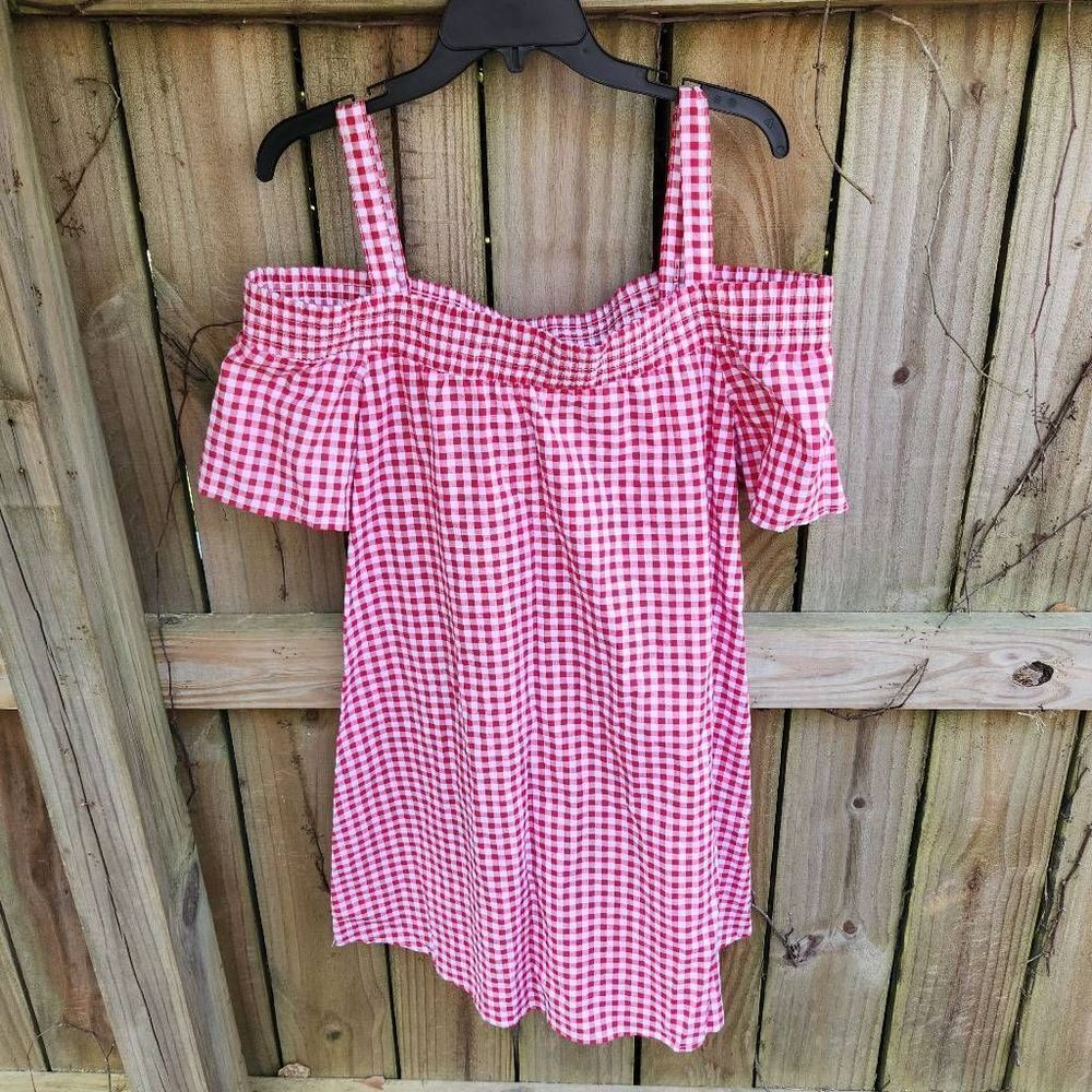 Go Coco Red Gingham Plaid Dress Women's Medium Off Shoulder Smocked Like New